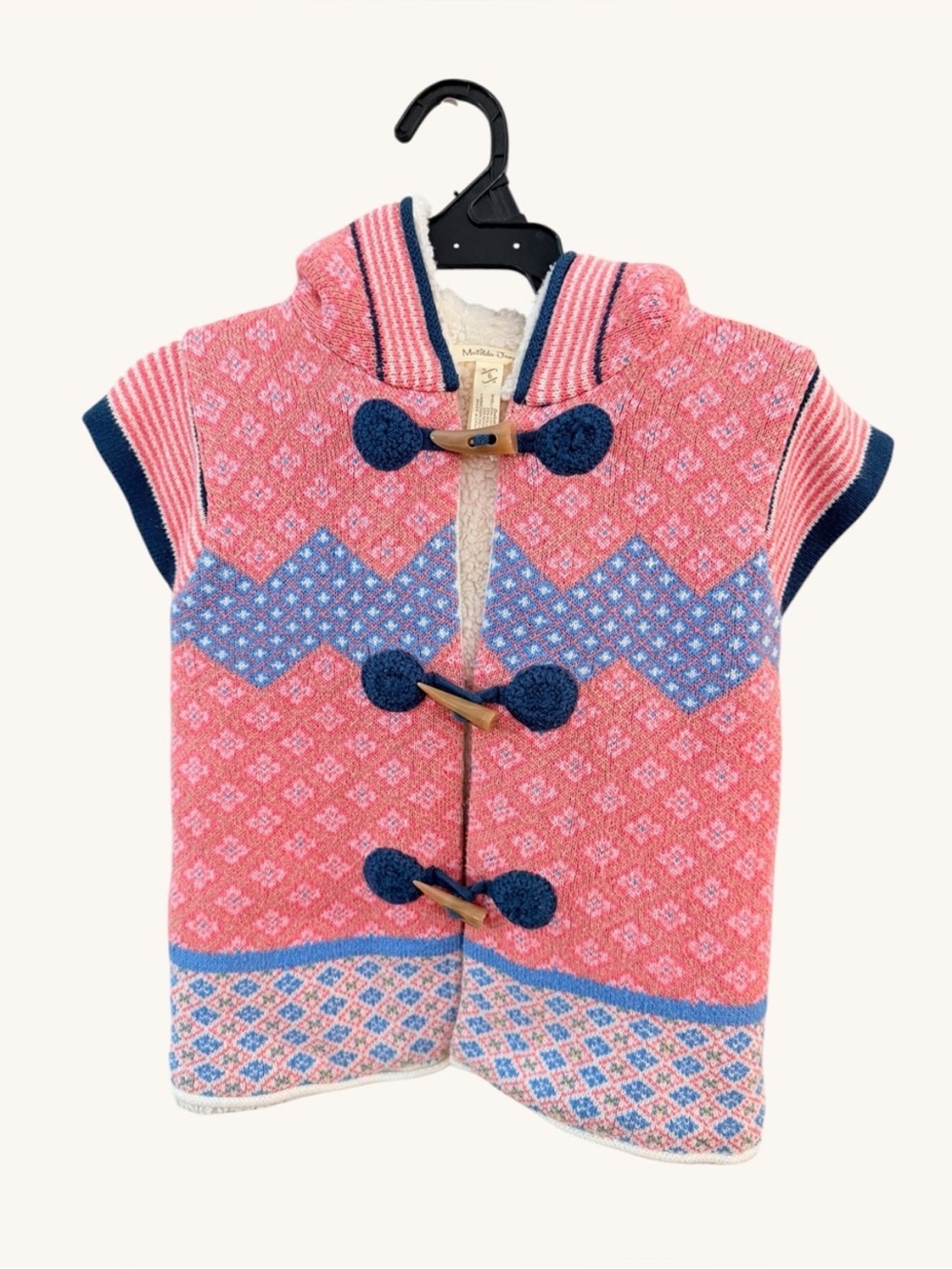 Matilda Jane Pink Hooded Knit Toggle Vest with Blue Trim